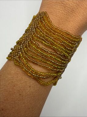 Vintage Native American Style Seed Beaded Yellow Tan Large Cuff Bangle Bracelet